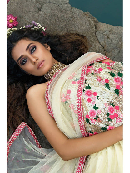 Tulsi Art Off White Floral Thread Embroidered Soft Net Party Wear Lehenga Choli