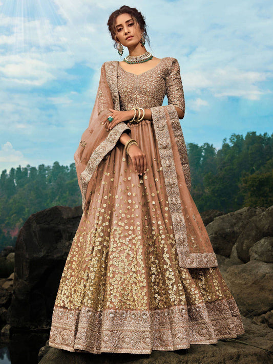 Tulsi Art Brown Zari Worked Soft Net Wedding Wear Lehenga Choli