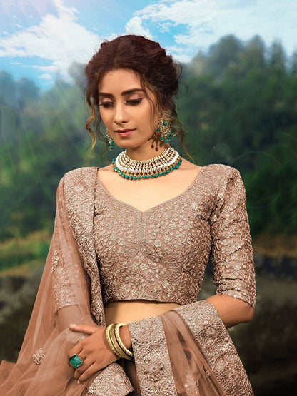 Tulsi Art Brown Zari Worked Soft Net Wedding Wear Lehenga Choli