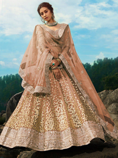 Tulsi Art Brown Zari Worked Soft Net Wedding Wear Lehenga Choli