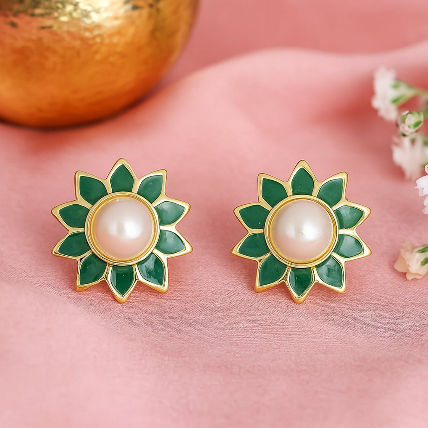 Estele Gold Plating Flower Shaped Meenakari Pearl Stud Earrings with Green Enamel for Women