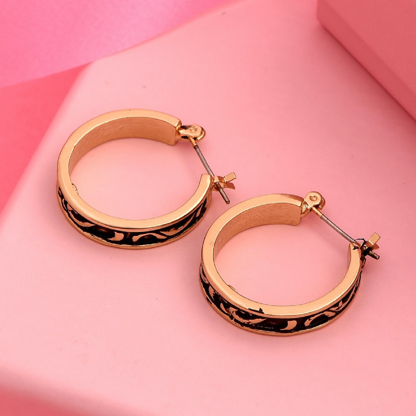 Estele Rose Gold Tone Plated Black and White Enamel with Austrian crystal stone Hoop Earrings