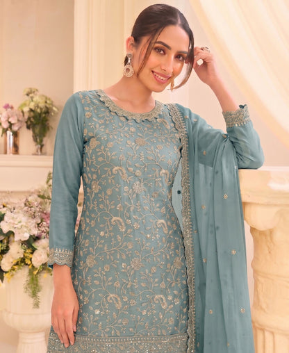 KC Sky Blue Vichitra Silk Palazzo Suit For Women Festival Wear