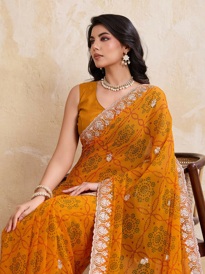 Teeya Creation New Trendy Leheriya Bandhani Georgette Saree For Daily Wear -Yellow