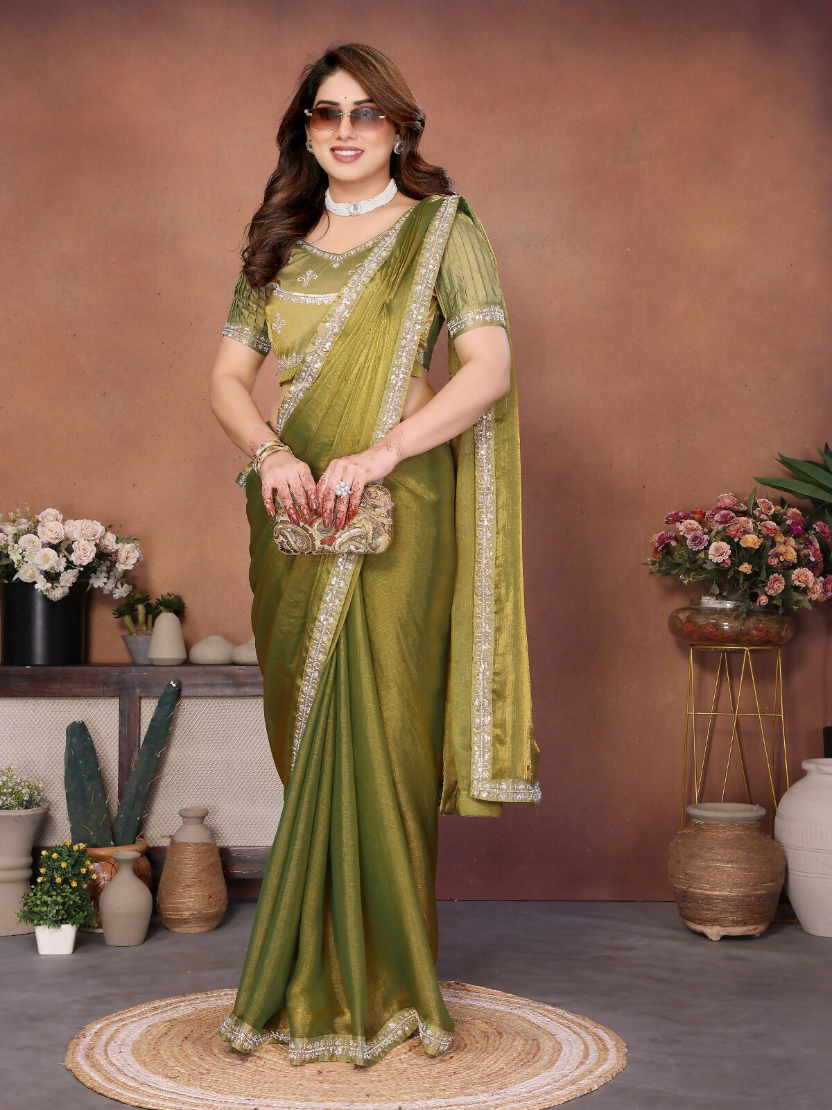 Teeya Creation Trendy Stylish Party Wear Fendy Chiffon Saree-Green