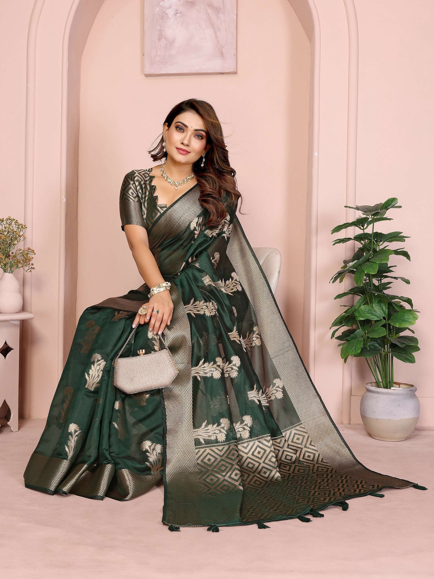 Aastha Fashion Dark Green Soft Organza Silk Weaving Saree