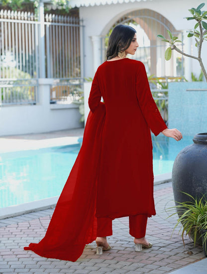 Nikhaar Maroon Embroidered Art Silk Stitched Straight Cut Kurta Pants Dupatta Readymade Suit