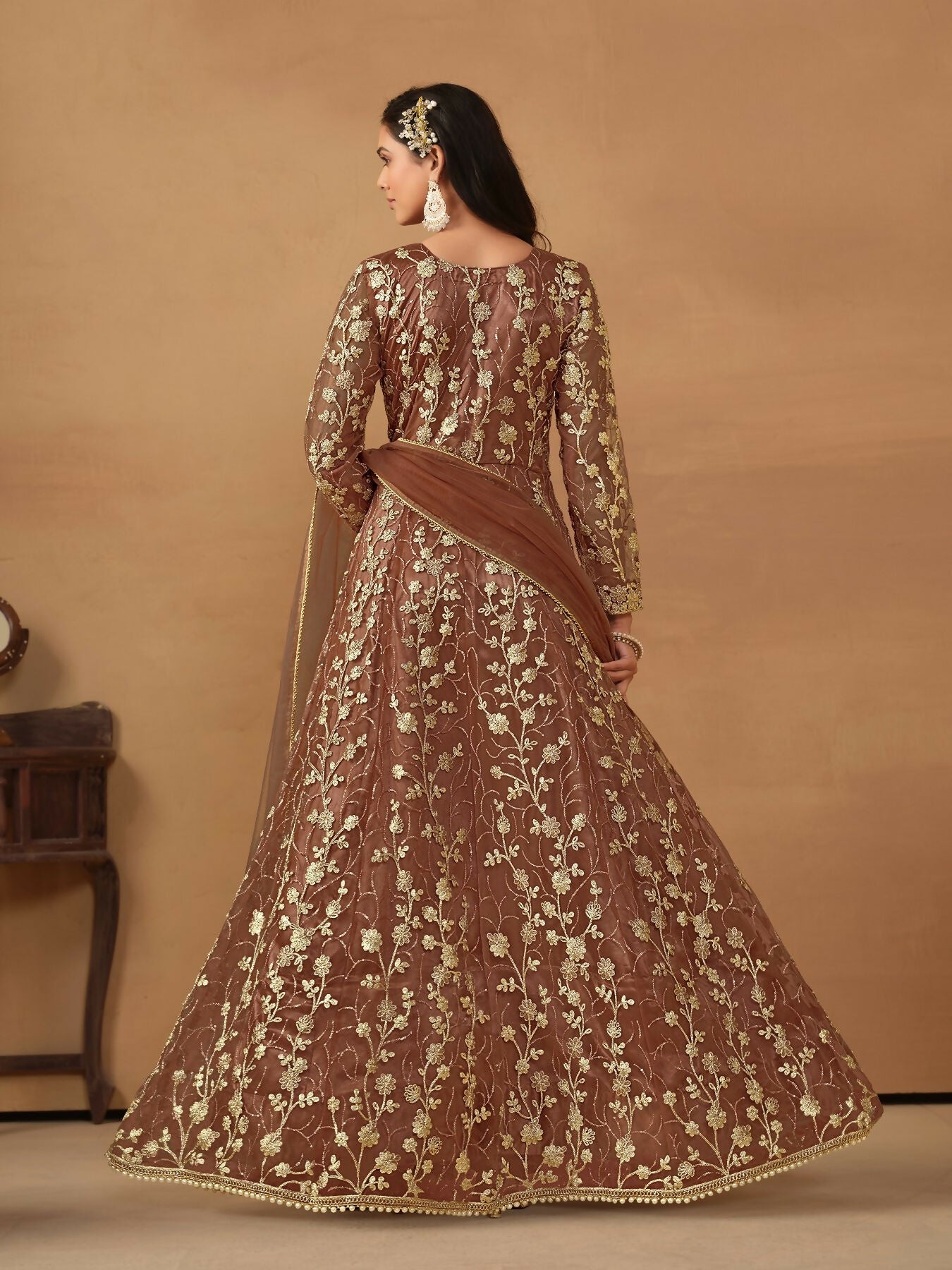 Anaita Brown Embroidered Net Anarkali Suit