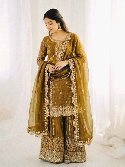 Teeya Creation Womens New Trendy Embroidery Coding And Sequence Work Gold Kurta Set