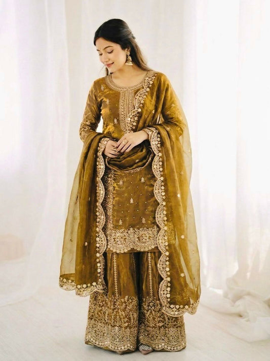 Teeya Creation Womens New Trendy Embroidery Coding And Sequence Work Gold Kurta Set