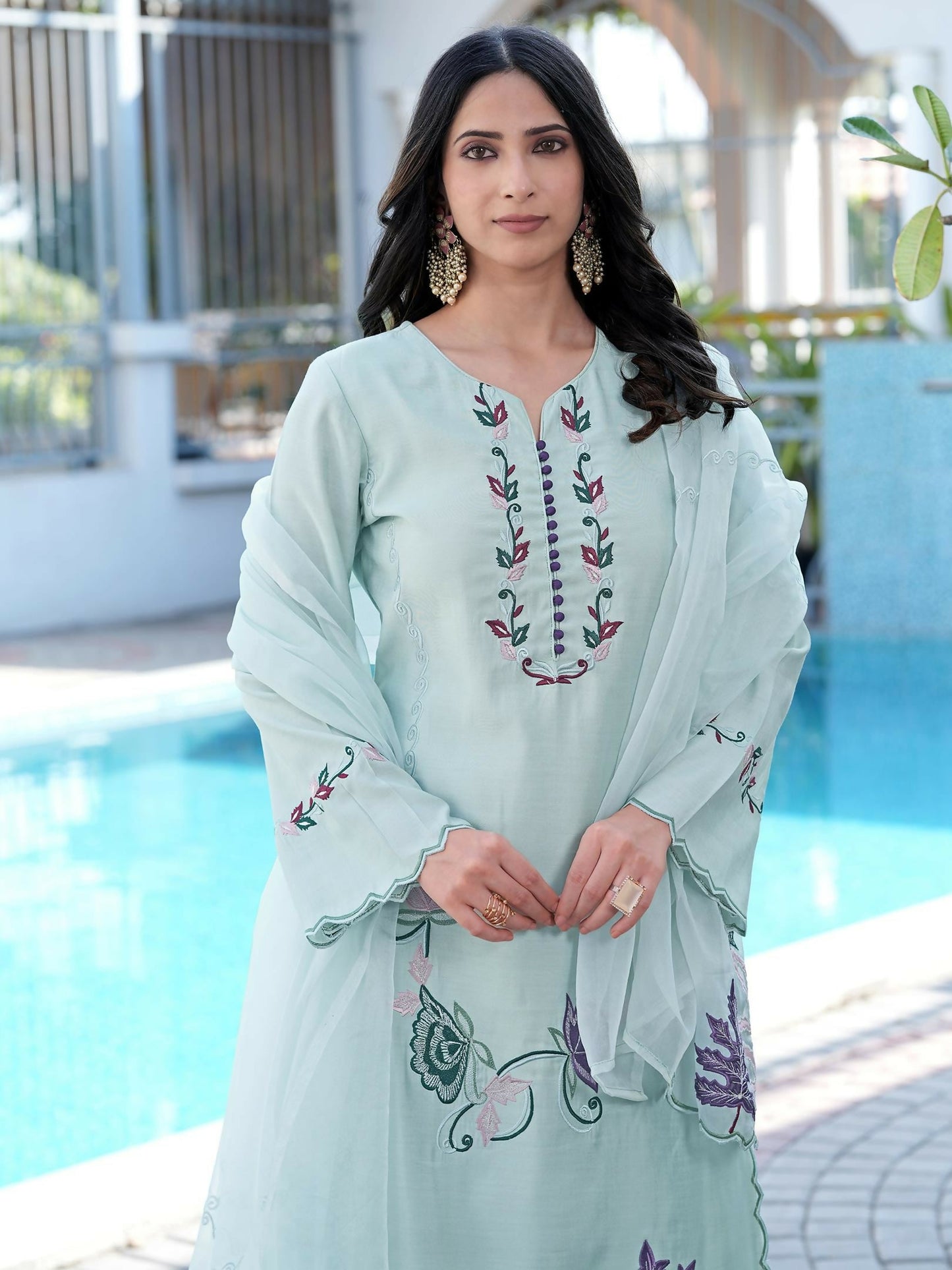 Nikhaar Sea Green Embroidered Art Silk Stitched Straight Cut Kurta Pants Dupatta Readymade Suit