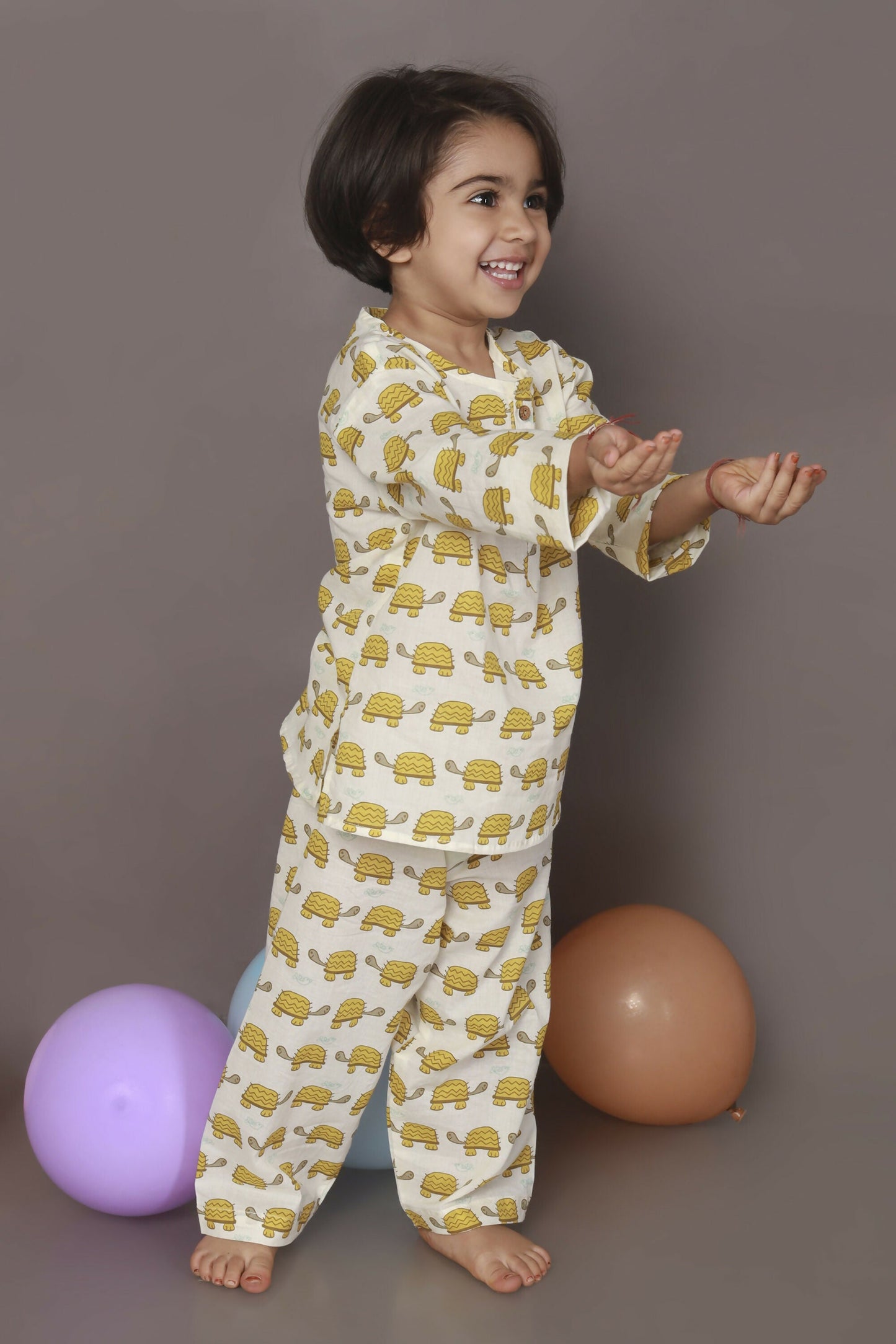 Breathables Kids Cotton Turtle Print Co-Ord Night Suit With Kurta And Pyjama  White & Yellow