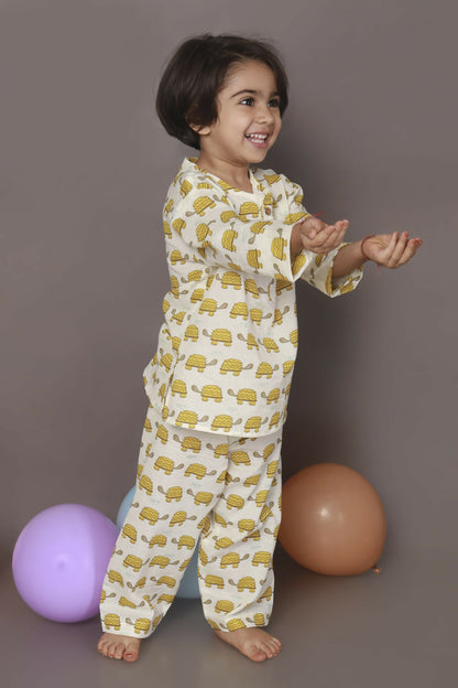 Breathables Kids Cotton Turtle Print Co-Ord Night Suit With Kurta And Pyjama  White & Yellow