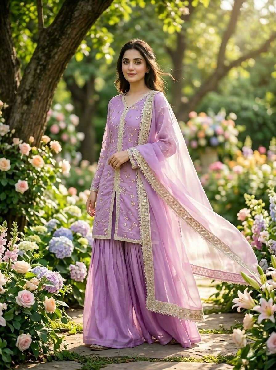 Teeya Creation Womens New Trendy Heavy Embroidery Work Kurta Palazzo Set - Lavender