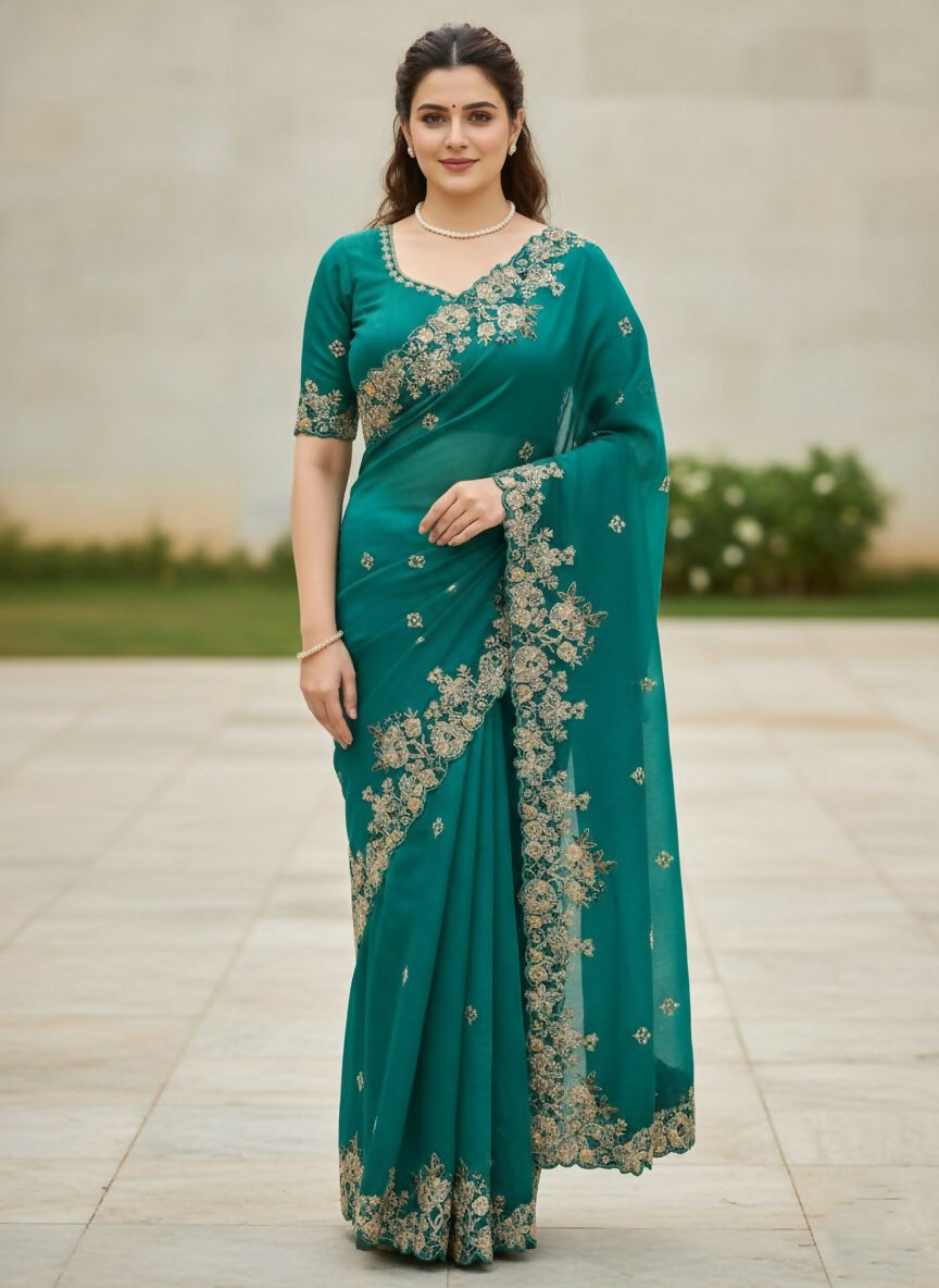 Teeya Creation New Trendy Party Wear Soft Silk Saree-Teal