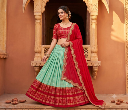 Teeya Creation Ethnic Sky Blue Lehenga Choli with Scalloped Border Dupatta