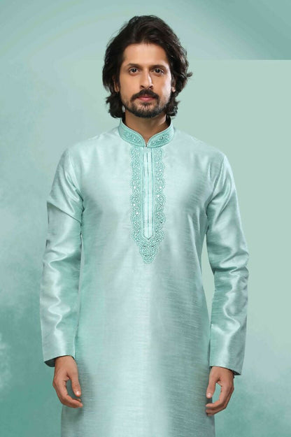 Raivat Ethnic Art Silk Mirror Embroidery Work Kurta Pajama In Pista Green Colour