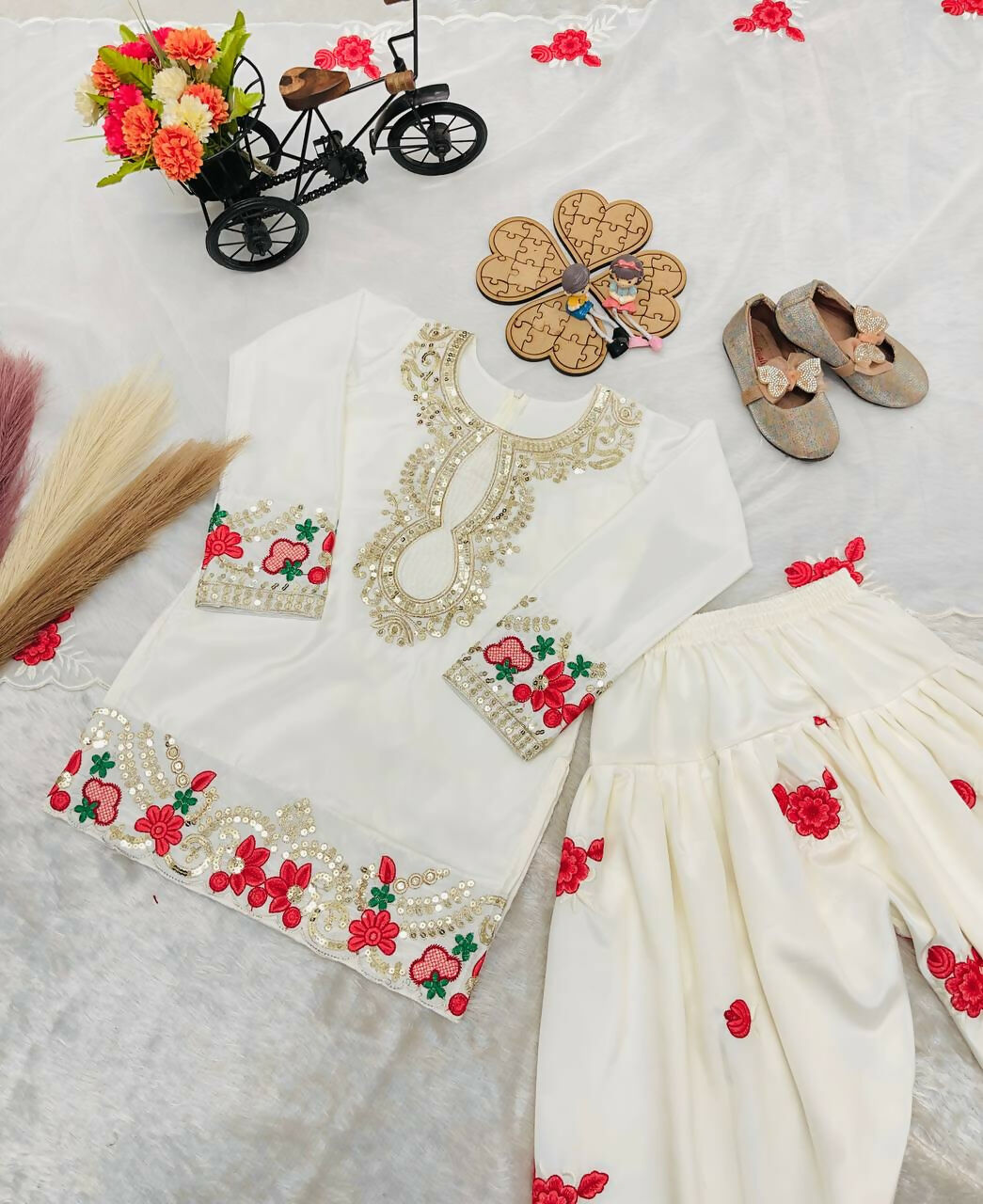 Teeya Creation New Kids Trendy Wedding Wear Traditional Kurta Salwar Set-Beige