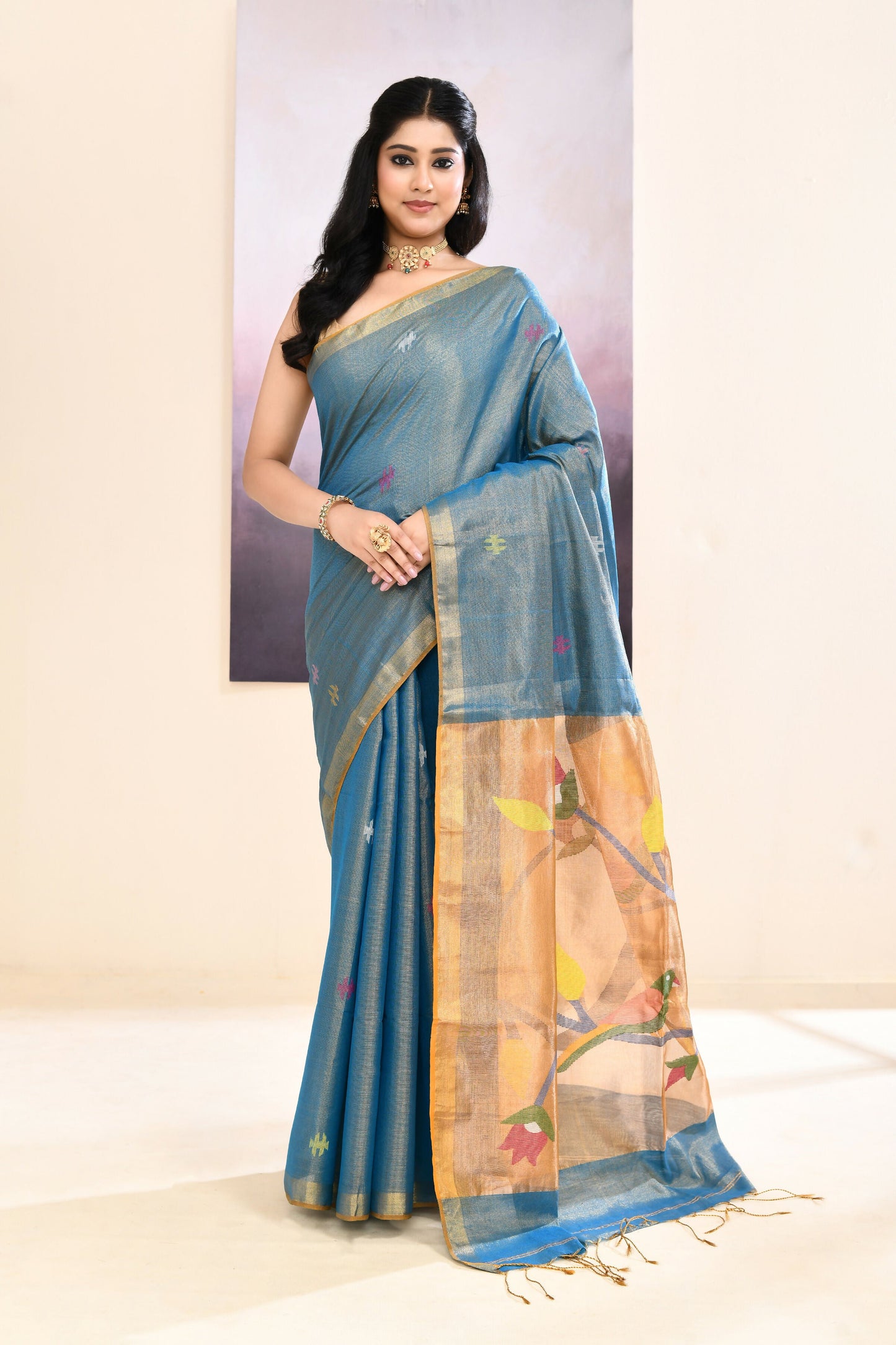 Piyari Fashion Women's Sky Blue Embellished Tissue Jamdani Saree