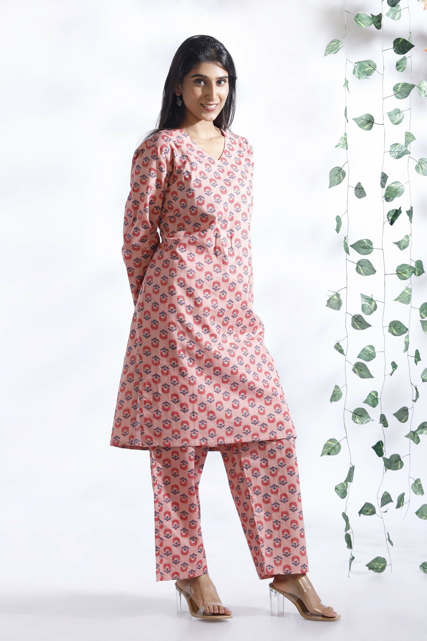 Breathables WomenS Loungewear Long Kurta Co-Ord Set Cotton Pink Indian Motif Butta Print