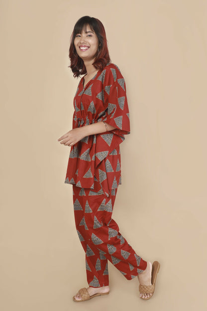 Breathables WomenS Loungewear Kaftan Cotton Red Geometric Print Co-Ord Set
