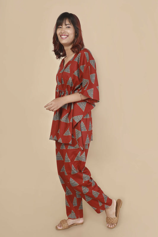 Breathables WomenS Loungewear Kaftan Cotton Red Geometric Print Co-Ord Set