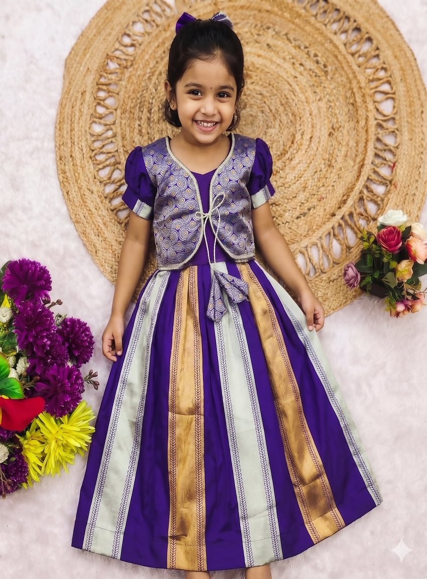 Teeya Creation Latest Designer Girls Royal Purple Silk Pattu Pavadai Lehenga Choli Set With Brocade Koti-Purple
