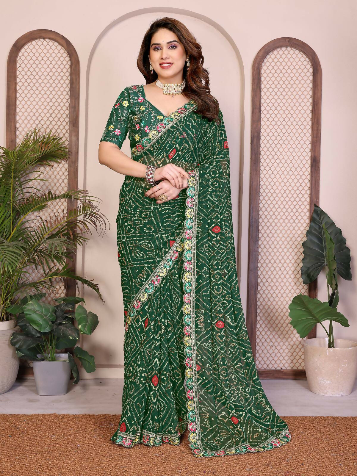 Teeya Creation Womens Trendy Simply Bandhej Georgette Saree-Green