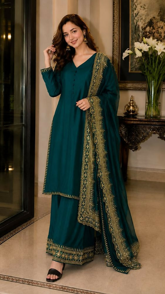 Teeya Creation New Latest Stylish Classic Rama Festive Kurta Set with Gold Zari Border Palazzo and Dupatta