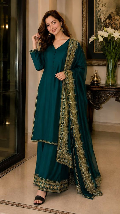 Teeya Creation New Latest Stylish Classic Rama Festive Kurta Set with Gold Zari Border Palazzo and Dupatta