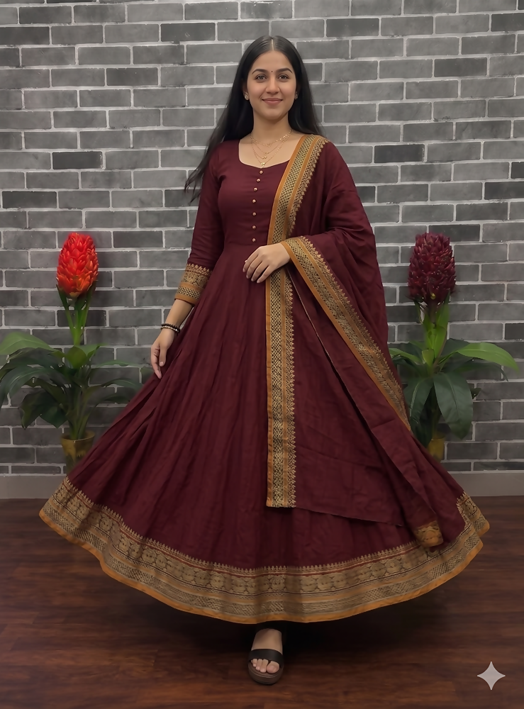 Teeya Creation New Trendy Stylish Maroon Solid Anarkali Kurta with Traditional Golden Border Dupatta Set