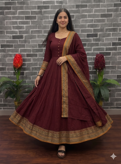 Teeya Creation New Trendy Stylish Maroon Solid Anarkali Kurta with Traditional Golden Border Dupatta Set