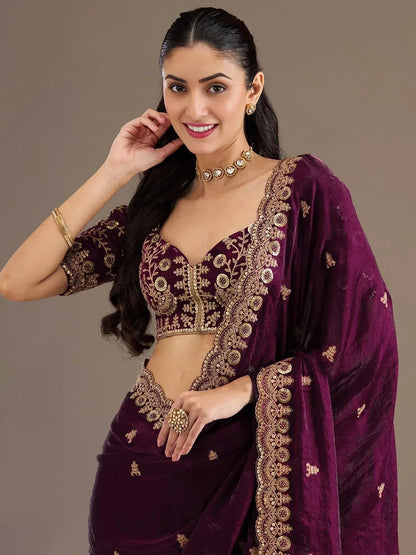 Tulsi Art Stunning Wine Embroidered Silk Reception Wear Saree With Blouse