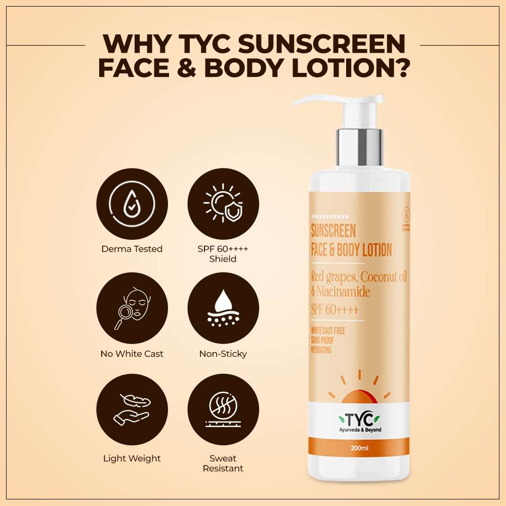 TYC Sunscreen Face & Body Lotion - Red Grapes, Coconut Oil & Niacinamide | SPF 60++++