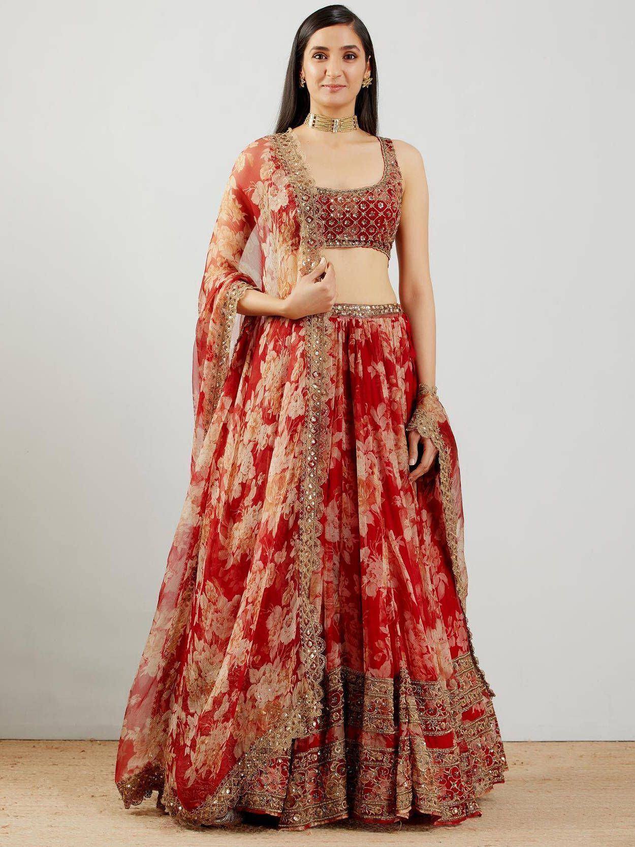 Tulsi Art Shraddha Kapoor Red Floral Printed Organza Wedding Wear Lehenga Choli