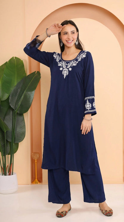 Gharana India Ishq Luxury Rayon 2Pc Navy Blue Chikankari Kurta Set