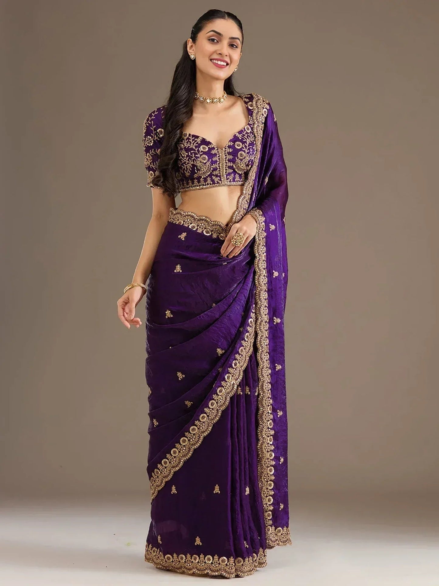 Tulsi Art Beautiful Purple Zari Embroidered Silk Party Wear Saree With Blouse