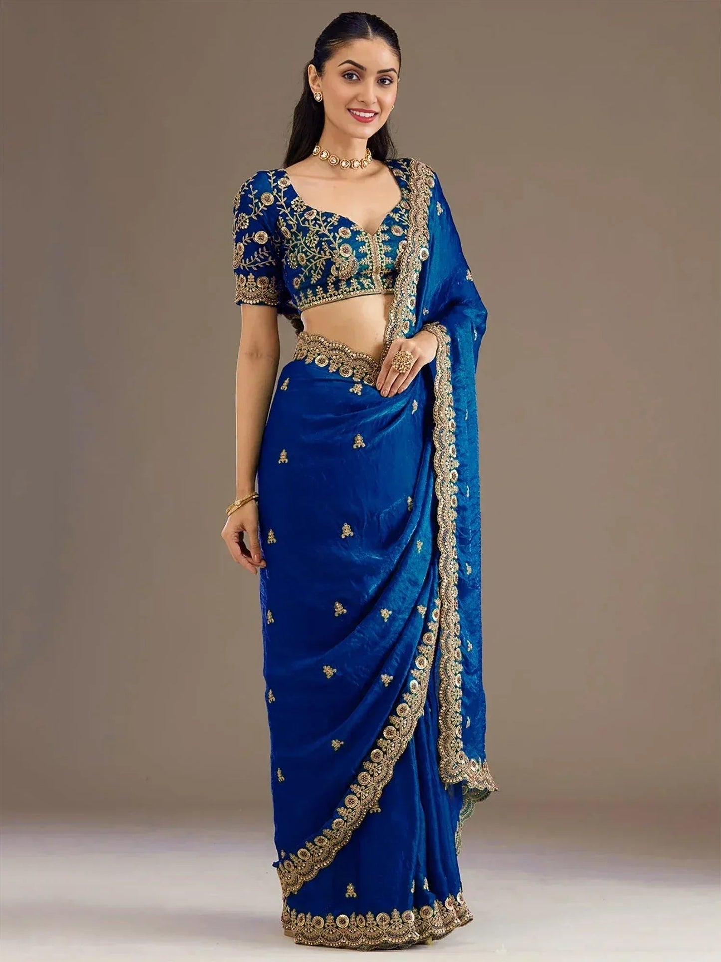 Tulsi Art Dazzling Blue Embroidered Silk Festive Wear Saree With Blouse