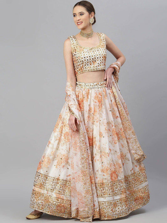 Tulsi Art Off White & Peach-Coloured Embellished Sequinned Semi-Stitched Myntra Lehenga