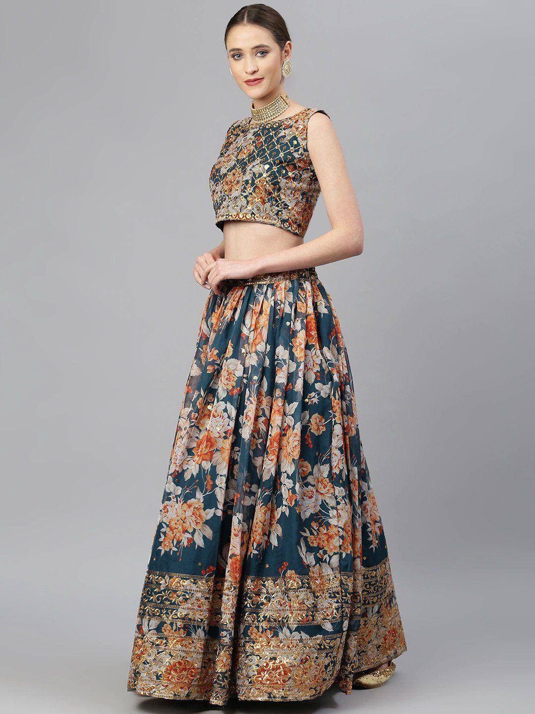 Tulsi Art Blue & Peach-Coloured Embellished Sequinned Semi-Stitched Myntra Lehenga & Unstitched Blouse