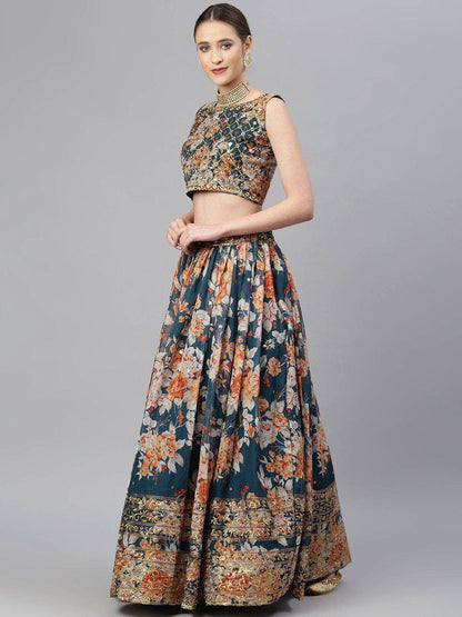 Tulsi Art Blue & Peach-Coloured Embellished Sequinned Semi-Stitched Myntra Lehenga & Unstitched Blouse