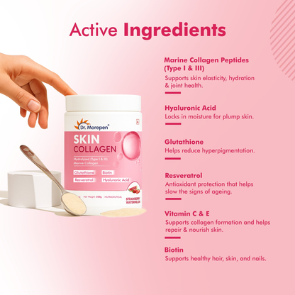 DR. Morepen Skin Collagen Powder with Glutathione, Hyaluronic Acid, Resveratrol & Biotin Strawberry Watermelon Flavour