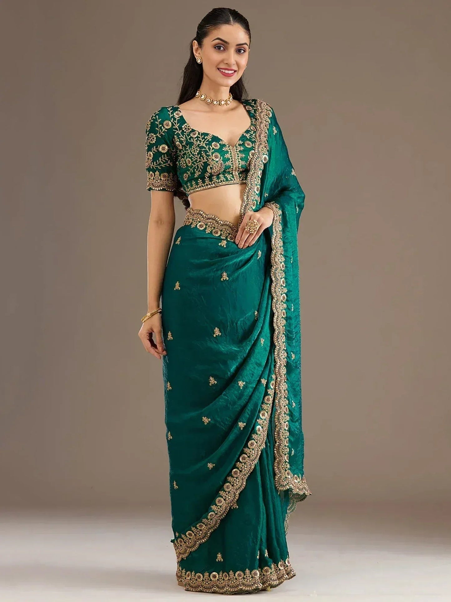 Tulsi Art Charming Green Zari Embroidered Silk Reception Wear Saree With Blouse