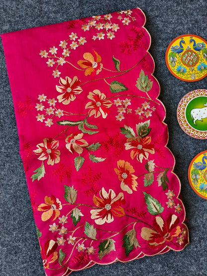 Mameraa Sarees Red Matka Silk Saree With Heavy Floral Embroidery Border With Running Blouse-Red