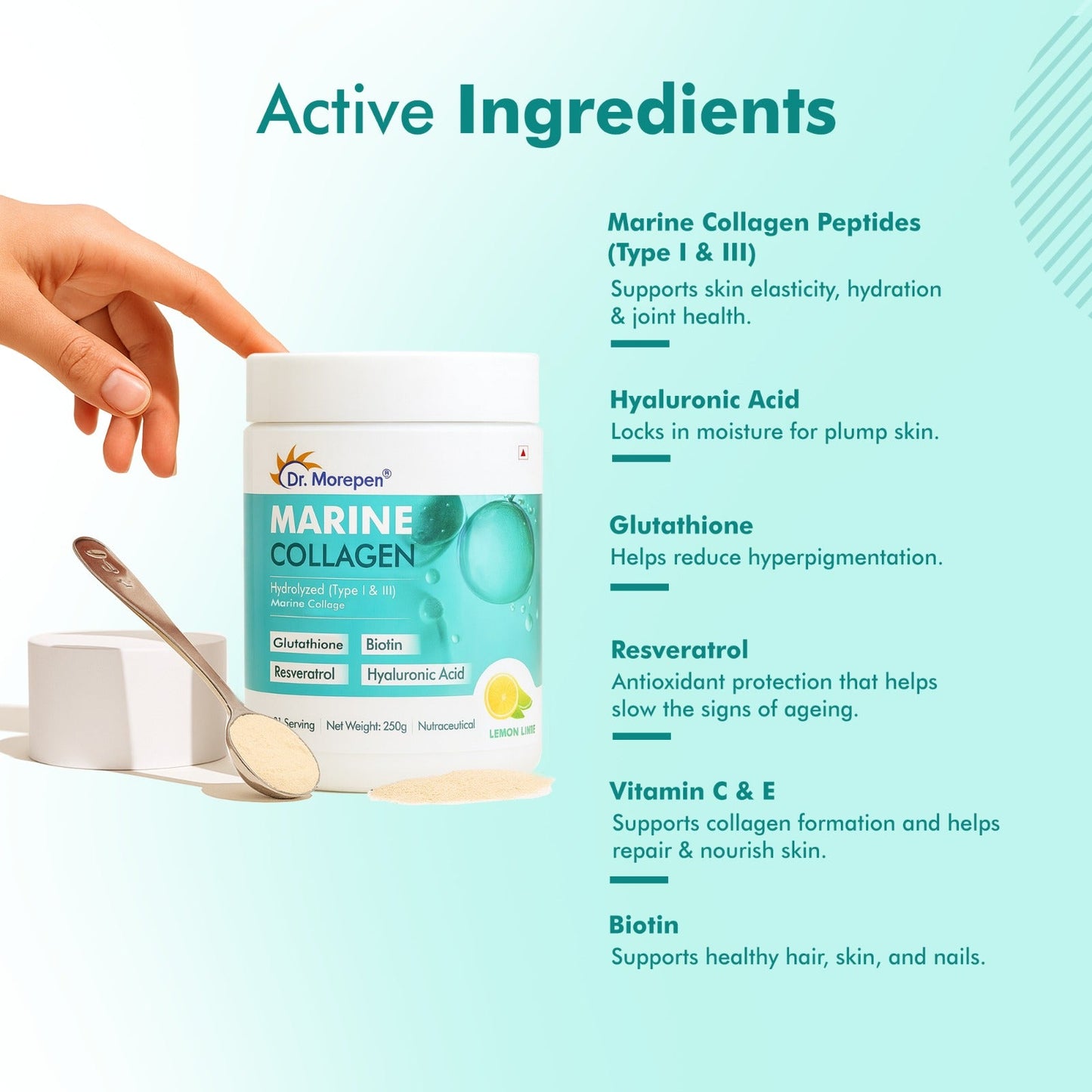 Dr. Morepan Marine Collagen Powder with Glutathione, Hyaluronic Acid, Resveratrol & Biotin Lemon Lime Flavour