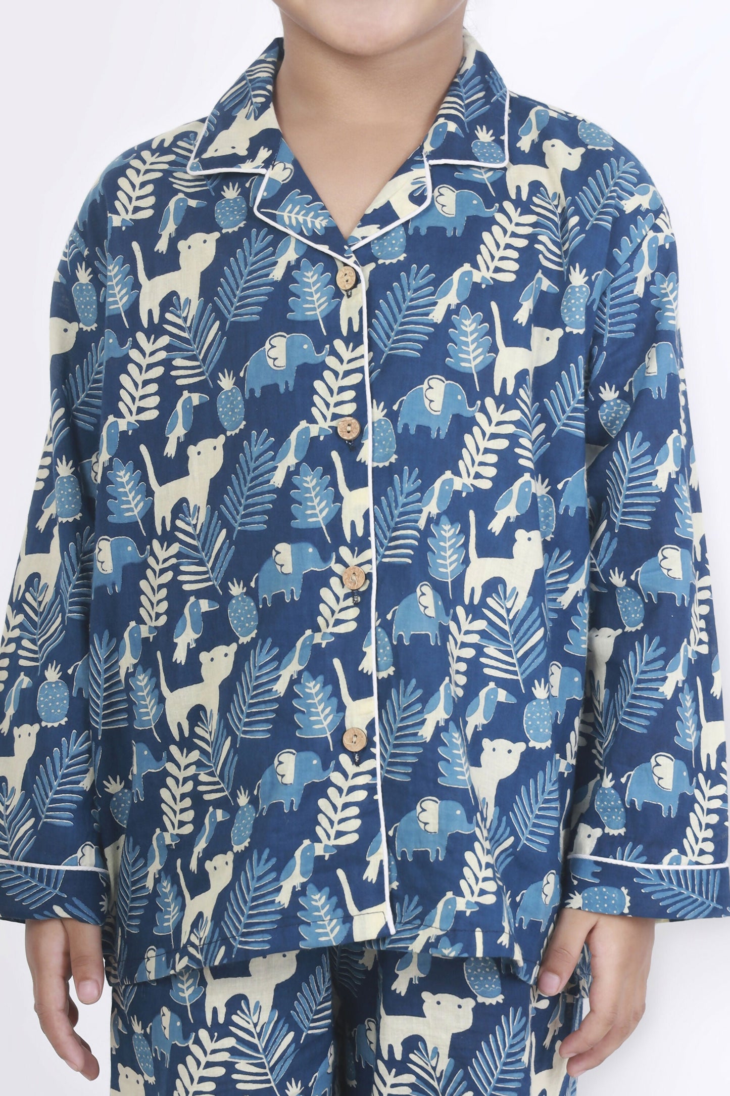 Breathables Kids Cotton Night Suit  Blue Jungle Print Shirt & Pyjama Co-Ord Set For Boys & Girls