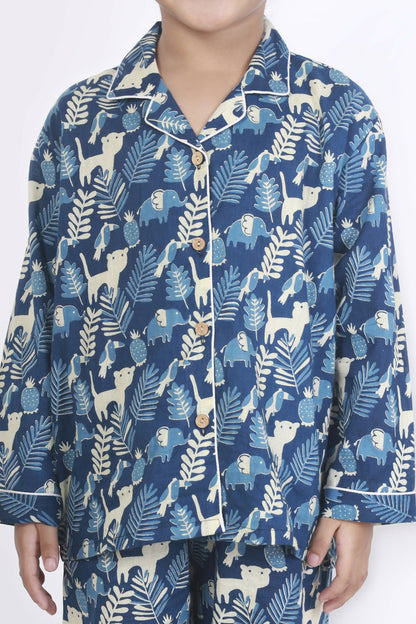 Breathables Kids Cotton Night Suit  Blue Jungle Print Shirt & Pyjama Co-Ord Set For Boys & Girls