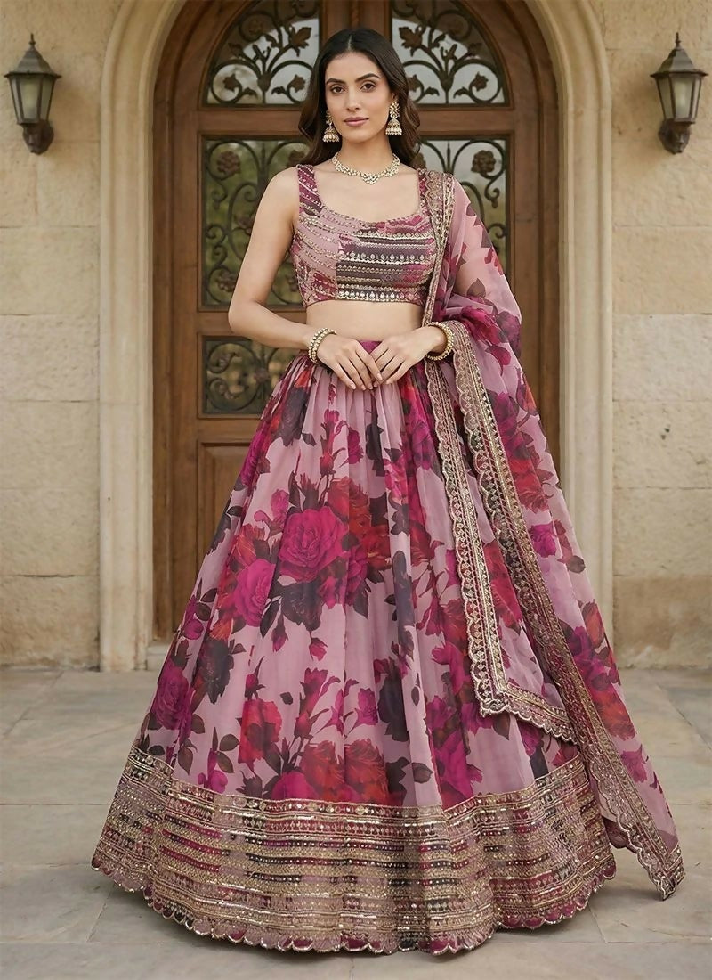 Lehenga Mart Pink Multi Printed Color Organza Designer Bollywood Style Wedding Wear Lehenga Choli