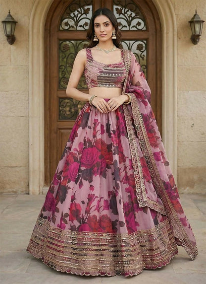 Lehenga Mart Pink Multi Printed Color Organza Designer Bollywood Style Wedding Wear Lehenga Choli