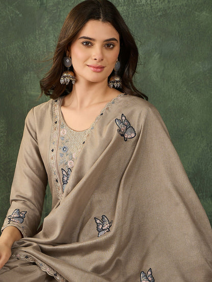 The52 Women's Gorgeous Embroidery Work Vichitra SIlk Fabric Flared Anarkali Pant and Dupatta Set-Chiku
